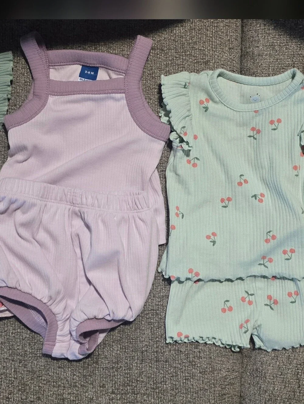 Lavender Ribbed Outfit & Mint Cherry Ruffle Top with Shorts - 2Pc Set